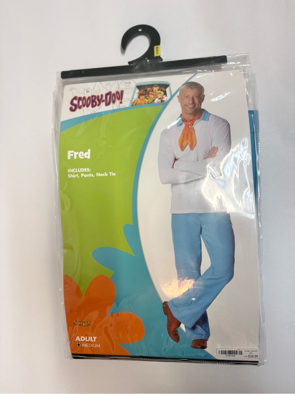 New Scooby-Doo Fred Costume Shirt with Orange Neck Tie - White/Blue size medium